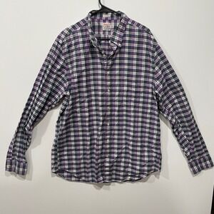 J Crew Oxford Button Down Shirt Mens XLT‎ Plaid Purple Green Organic Cotton